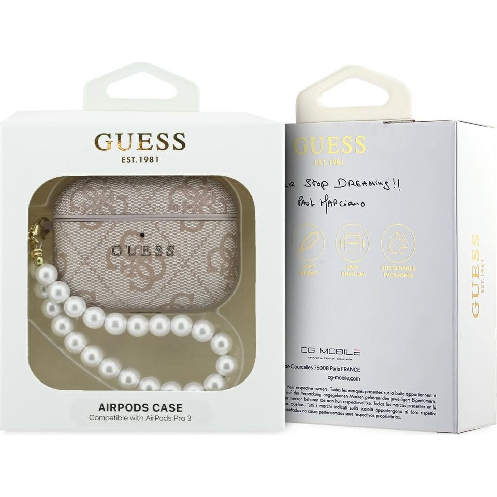 Oryginalne ekskluzywne etui od marki Guess z kolekcji 4G Pearl Strap z perłową zawieszką dla Apple AirPods Pro 3, różowe